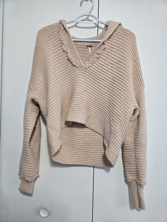 Free People Sweaters - Free People XS Rib Knit Sweater Beige Cowl Neck Cropped Boho Oversized